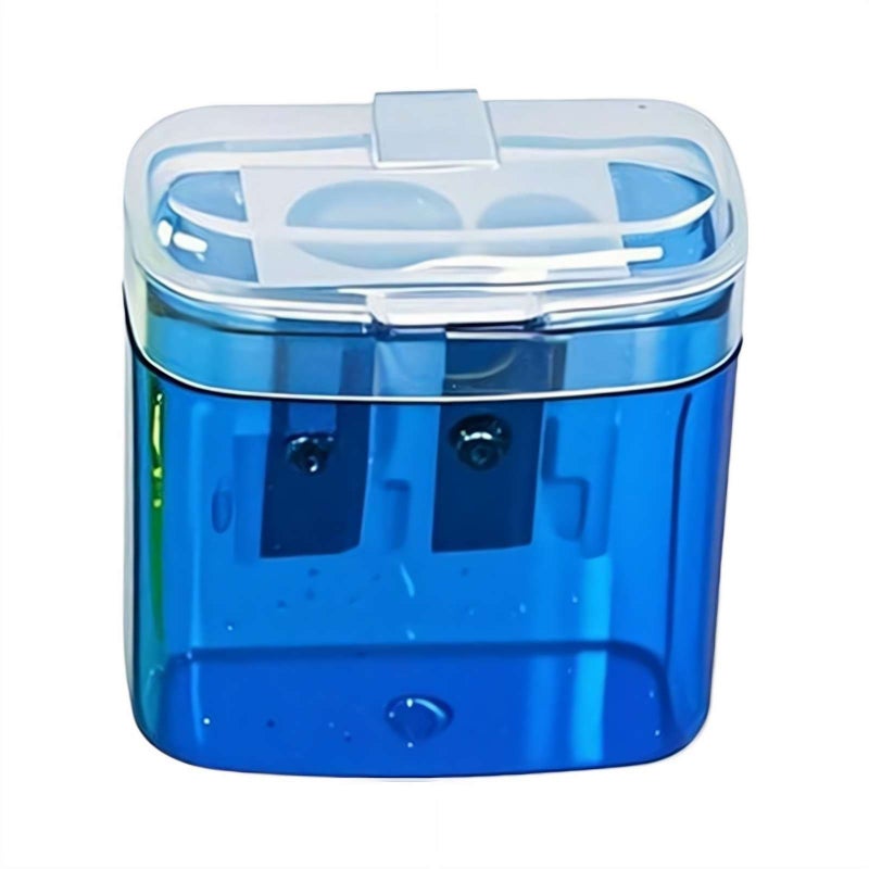 Dual Hole Pencil Sharpener with Container, Manual Twin Hole Sharpener with Lid for School Home Office, Compact Tip Shaping Tool for Kids Students (Blue) - Image 1